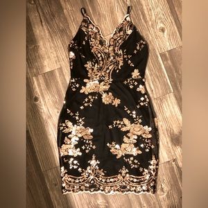 Black and Gold Bodycon floral and sequin dress